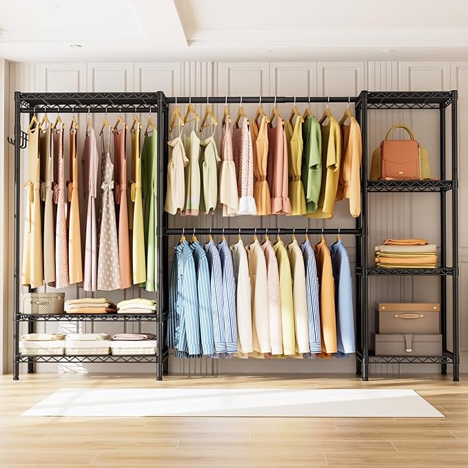 Heavy Duty Garment Rack Clothes Rack,Large Metal Closet Organizer System Storage Wardrobe,Freestanding Clothing Rack with 9 Adjustable Wire Shelves&3 Hang Rods,MaxLoad 1500lbs