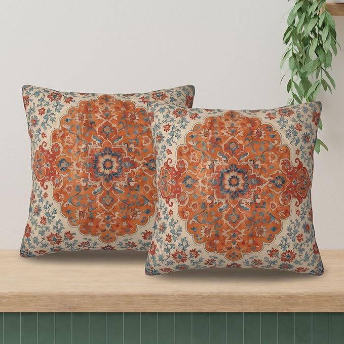 Burnt Orange Blue Boho Pillow Covers 18x18 Inch Set of 2, Vintage Ethnic Carpet Rust Floral Decorative Throw Pillow Cases Fall Outdoor Rustic Cushion Covers Home Decor for Living Room Sofa Couch Bed