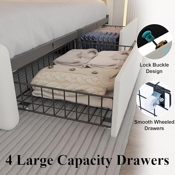 Queen Size Bed Frame with 4 Storage Drawers and LED Lights, Upholstered Platform Bed with Adjustable Headboard and Charging Station, Metal Slats Support, No Box Spring Needed,Easy Assembly, White