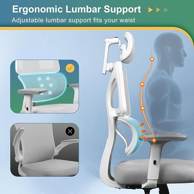 DEVAISE Office Chair Big and Tall Reclining Ergonomic Desk Chair for Long Hours, Comfy Breathable Mesh, Adjustable Armrests with Lumbar Support, White