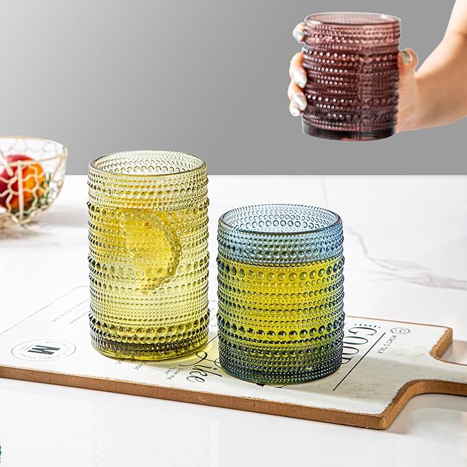 Set of 8 Hobnail Drinking Glasses Colored Vintage Glassware - 4 Highball Glasses 14 oz, 4 Rocks Glass Cup 11 oz, Embossed Old Fashioned Glassware for Water, Juice, Wine, Beer (4 Colors)