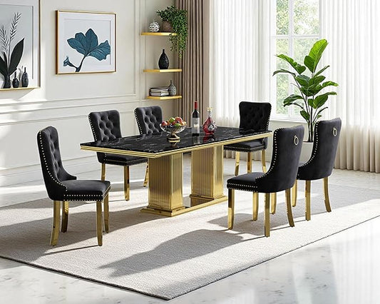 68" Faux Marble Dining Table Set for 6, 7-Piece Dining Set with Black Gold Kitchen Table and 6 Velvet Tufted Chairs, Modern Rectangular Dining Room Tables with Column-Shape Stainless Steel Base