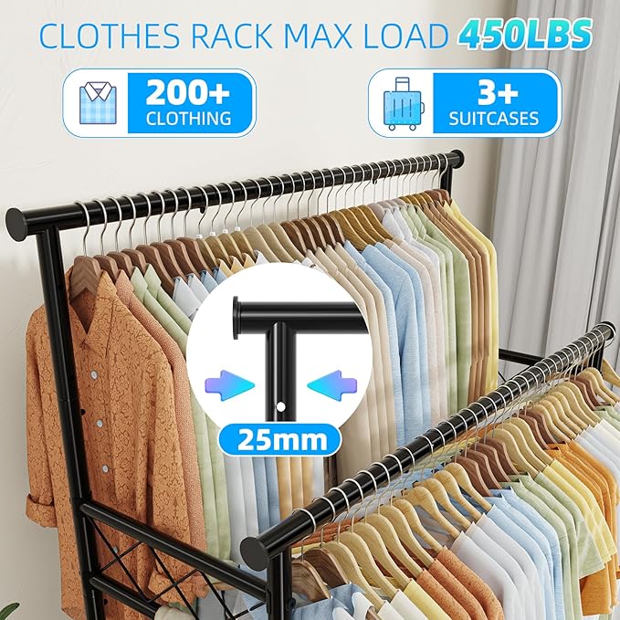 Clothes Rack Heavy Duty Load 450 LBS, 44 Inch Double Rod Rolling Clothing Rack for Hanging Clothes, Metal Garment Rack with Shelves, Wardrobe Rack Portable Closet, Black