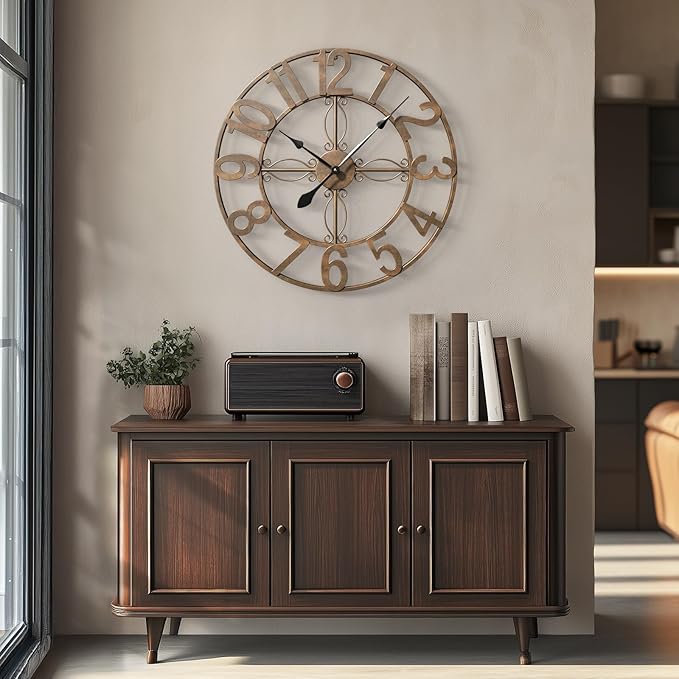 24 inch Wall Clock, Large Wall Clocks for Living Room, Decorative Metal Round Clock Battery-Operated Silent Non Ticking Retro Rustic Arabic Numerals Analog, Bronze