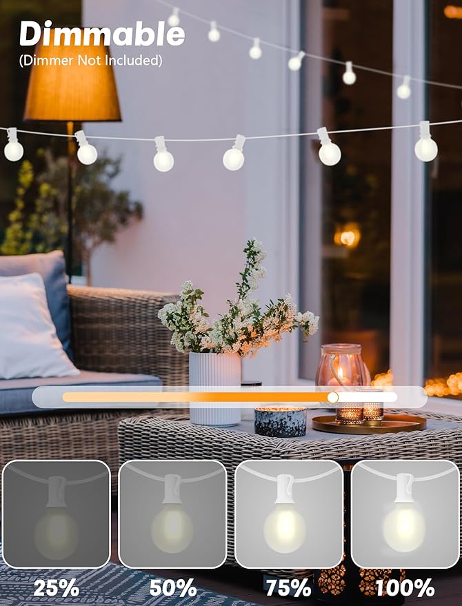 SUNSGNE 25Ft G40 LED Outdoor White String Lights with 27 White Frosted Shatterproof Globe Bulbs (2 Spare), Outdoor Hanging Lights for Room Café Bistro Pergola Tents, 25 Pack, White Wire