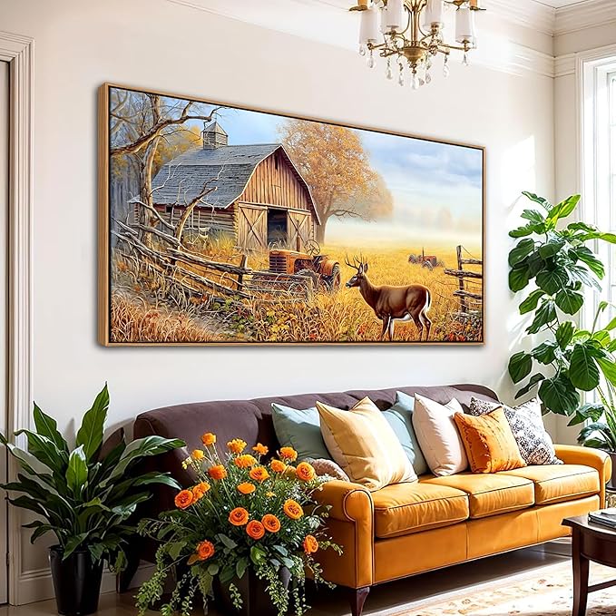 JEAWA Large Framed Wall Art - Deer Animal Art Prints Ready to Hang, Farm Canvas Painting as Gifts for Housewarming, Rustic Nature Landscape Pictures for Living Room Bedroom Home Decoration, 29x58 IN