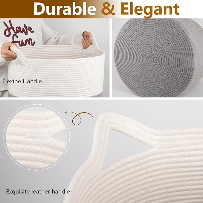 Laundry Basket, 100L Large Laundry Hamper, Tall Woven Rope Storage Basket for Blanket Toys Pillows Towels, Baby Nursery Hamper Bin for Living Room, Bedroom (Grey & White)