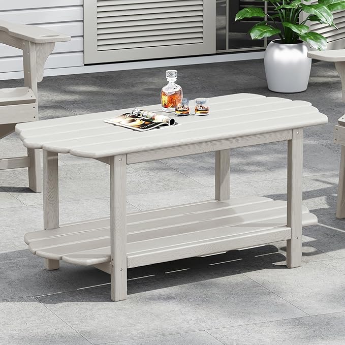 2 Tier Patio Table-White Outdoor Coffee Table Adirondack Balcony Table for Garden Pool