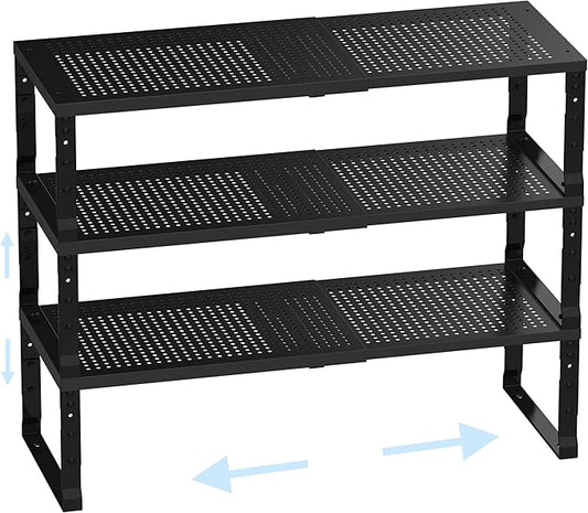 Cabinet Shelf,Expandable Adjustable Stackable Kitchen Organizer,for cabinets, Kitchens, countertops, bathrooms Shelf Organizer(3Packs/Black,Large)