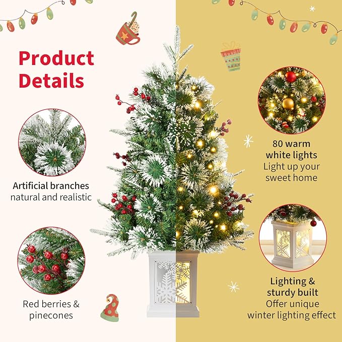 Small 3FT Pre-Lit Snow Flocked Christmas Tree with Twinkling Lights for Home Office Christmas Decor- Battery Operated & Timer (Snowflake Base)