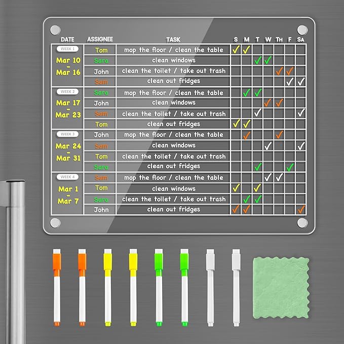 PigPotParty Acrylic Magnetic Monthly Chore Chart for Multiple Kids Roommates – 12"x9.5" Rotating Weekly Task Board for Kids Students Families, Clear Dry Erase Fridge Chart, w/ 8 Markers & 1 Towel