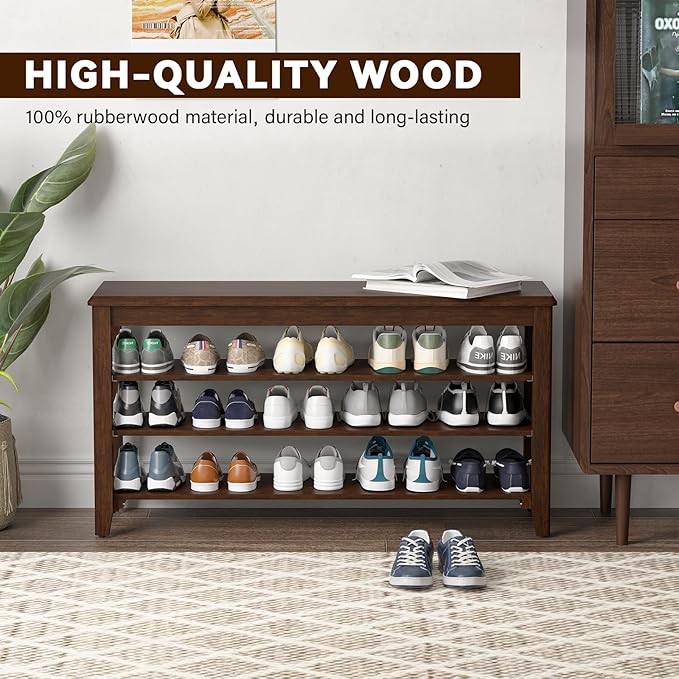 Shoe Bench Storage Rubberwood with Leather Cushion for Entryway Bench Ideal for Hallways Shoe Rack Front Doors Entrances Mudrooms Featuring 3 Height-Adjustable and Removable Shelves