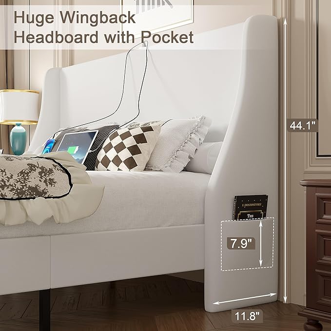 VECELO Queen Bed Frame with Upholstered Wingback Headboard, Heavy-Duty Platform Bedframe with Charging Station, Wooden Slats, No Box Spring Needed, White