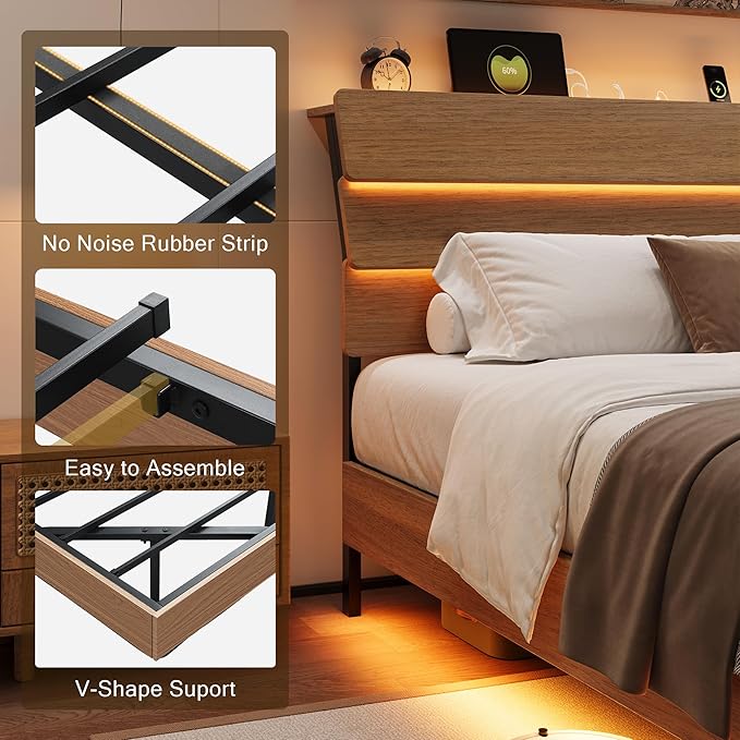 Queen Floating Bed Frame with Charging Station, Led Bed Frame with Wood Storage Headboard, Heavy Duty Metal Slats, No Box Spring Needed, Noise Free, Easy Assembly, Walnut