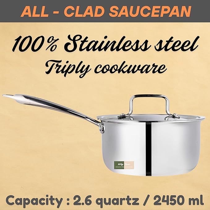 Stainless Steel Saucepan with Lid, 2.5 Quarts Saucier, Induction Cooking Sauce Pot Pans, Heavy Duty Tri-Ply Cookware, All Cooktops Compatible, Oven & Dishwasher Safe