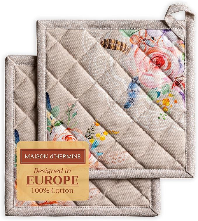 Maison d' Hermine Pot Holders Set 100% Cotton Heat Resistant Potholders 8" x 8" Hot Pads with Loop BBQ, Cooking, Baking, Grilling, Kitchen, Handling Hot Pans Spring/Summer (Pack of 2, Ibiza - Beige)