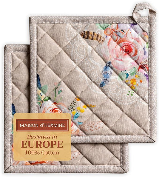 Maison d' Hermine Pot Holders Set 100% Cotton Heat Resistant Potholders 8" x 8" Hot Pads with Loop BBQ, Cooking, Baking, Grilling, Kitchen, Handling Hot Pans Spring/Summer (Pack of 2, Ibiza - Beige)