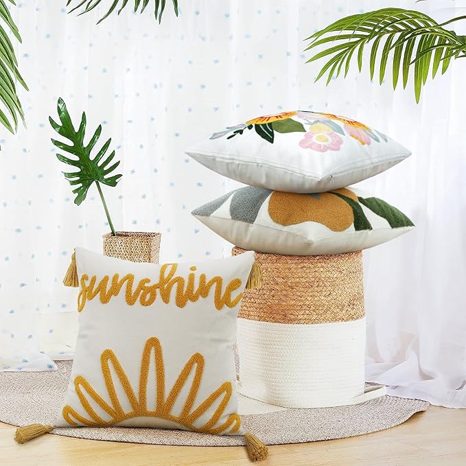 Merrycolor Boho Tufted Decorative Throw Pillow Covers 18x18 with Tassels Sunshine Bohemian Pillow Covers Cushion Covers for Couch Sofa Bedroom Living Room Yellow Beige 1PC