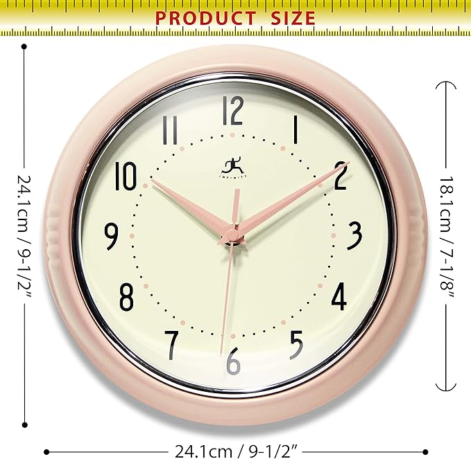 Infinity Instruments LTD. Retro 9 inch Silent Sweep Non-Ticking Mid Century Modern Kitchen Diner Wall Clock Quartz Movement Retro Wall Clock Decorative (Rose Blush)…