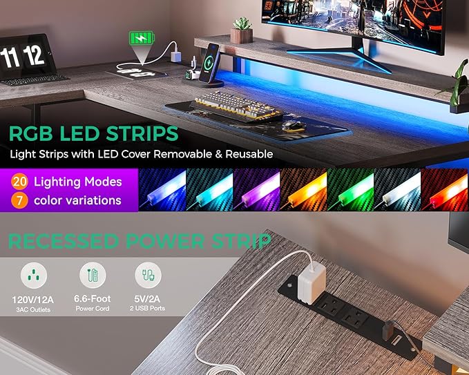 AODK 61" L Shaped Desk with Drawer, Computer Desk with Power Outlets & LED Lights, Reversible Corner Gaming Desks for Home Office Workstation, Office Table with Monitor Shelf, Gray
