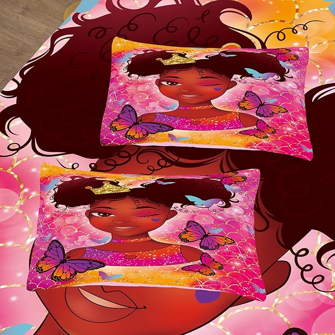 Tailor Shop Kawaii African American Black Girl Comforter Set Pink and Red Bedding Sets for Girls Kids Cute Magic Black Girl Bedding Set Mermaid Butterfly Comforter Full Size with 2 Pillowcase…