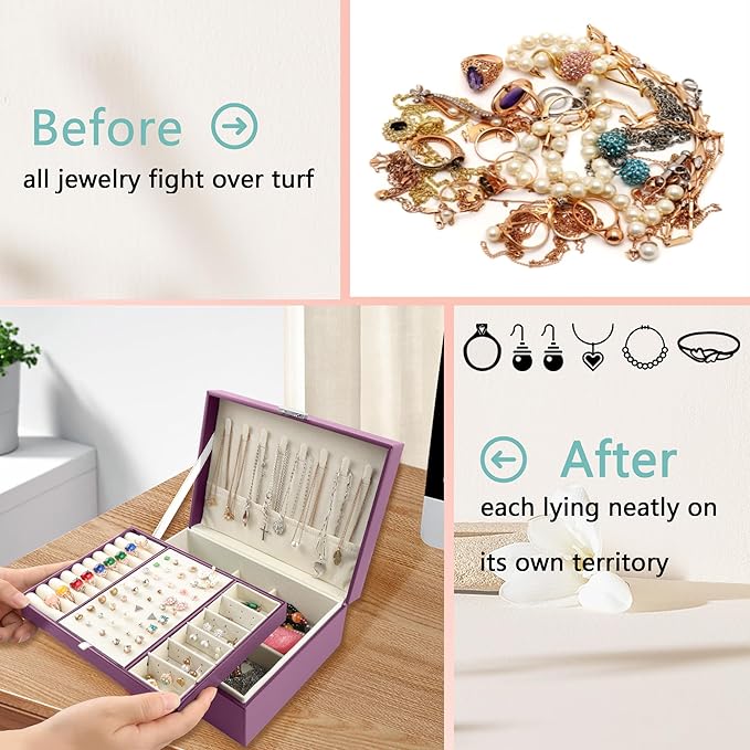 Homeanda Jewelry box 2 layer Jewelry box Leather Jewelry boxes for Women Girls Teens Jewelry organizer box Jewelry Storage box with lock(Purple)