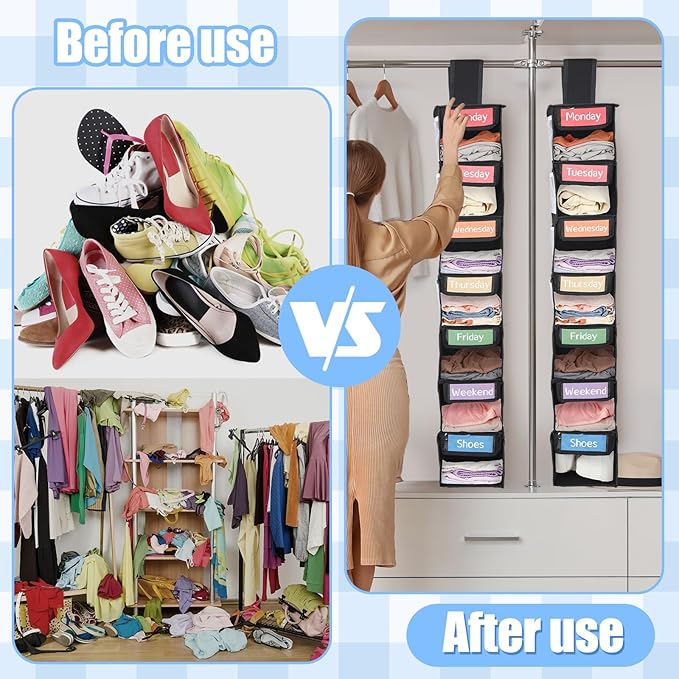 2 Pack 7 Shelf Weekly Clothes Organizer Hanging Closet for Kids with Side Pockets Weekday Shoes Rack Weekly Clothes Organizers Monday Through Weekend Foldable Storage Shelves(Black)