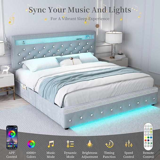 King Led Bed Frame with 2 Drawers, Modern Platform Bedframe with Adjustable Upholstered Crystal Button Tufted Headboard and Storage, No Box Spring Needed, Noise-Free, Easy Assembly, Velvet Grey