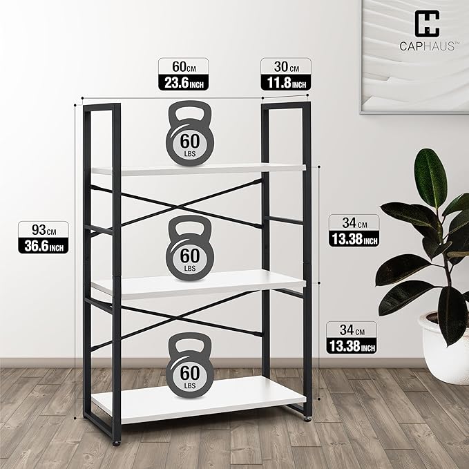 CAPHAUS 3 Tier Small Bookshelf, 24 Inch Width Free Standing Shelf, Bookcase Shelf Storage Organizer, Industrial Book Shelves for Home Office, Living Room, White Shelves & Metal Frame