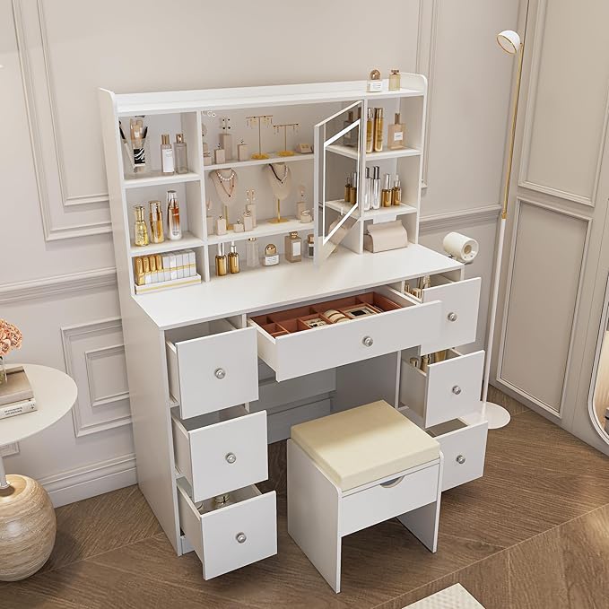 Vanity Desk with Mirror & LED Lights, Built-in Power Outlet, Dimmable LED Lighting, 7 Drawers & 7 Storage Compartments, Includes Padded Stool – Ideal Table for Bedroom Dressing Room (White)