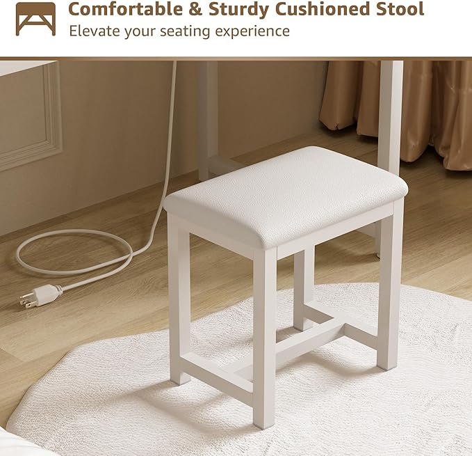 White Vanity Desk with Mirror and Light- Makeup Vanity Set Table with Chair, Storage, Lighted Mirror, 4 Large Fabric Drawers & Power Outlet, Dressing Table Vanities for Girls Bedroom