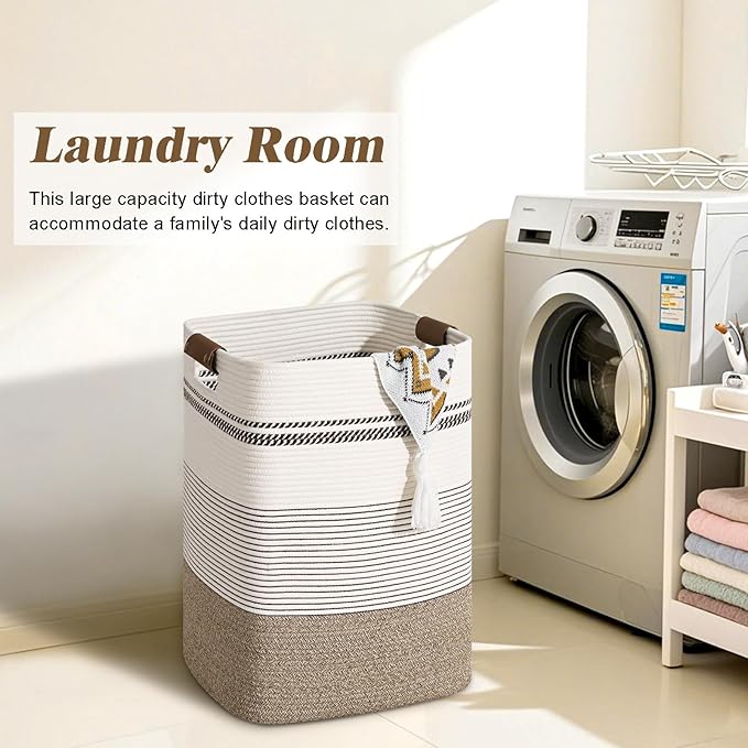 Laundry Hamper, 95L Tall Laundry Basket with Leather Handles, Rectangle Large Clothes Hamper for Organizing, Cotton Woven Laundry Baskets Storage Hampers for Bedroom, Nursery, Living Room