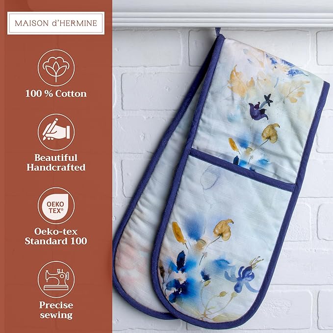 Maison d' Hermine Double Oven Mitts 100% Cotton 7"x35" Double Oven Mitt Heat Resistant BBQ Cooking Gloves with Loop, Baking, Grilling, Home, Kitchen, Handling Hot Pans Spring Summer (Lazy Summer Days)