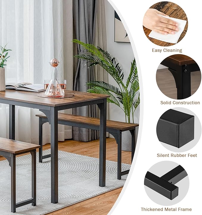 NAFORT Dining Table Set for 4, 3-Piece Kitchen Table with 2 Benches, 43.5’’ Space Saving Dining Room Table with Reinforced Metal Frame & Solid Wood Top, Ideal for Home, Restaurant, Patio Outdoor