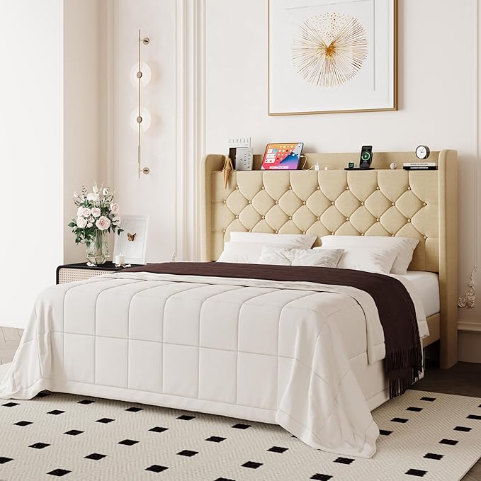 Allewie Full Size Bed Frame, Storage Headboard with Charging Station, Wingback Linen Upholstered, Diamond Stitched Button Tufted, Sturdy Wooden Slats, No Box Spring Needed, Easy Assembly, Beige