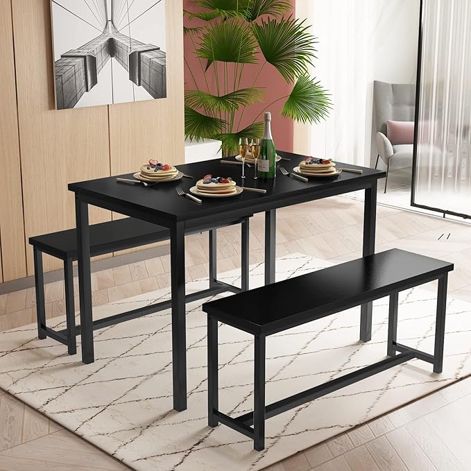 Recaceik 47” Dining Table Set with Benches, 3 Pieces Dining Room Table Set for 4, Wood Kitchen Table and Chair Set with Sturdy Frame, Space Saving Dinette Set for Breakfast Nook, Dining Room, Black