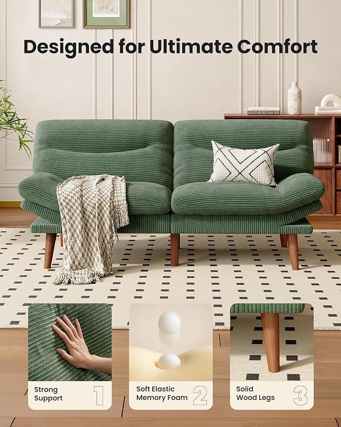 Pipishell Futon Sofa Bed, 73" Convertible Futon Couch, Adjustable Backrest & Armrests, Corduroy Recliner Sleeper Sofa for Small Spaces, Living Room, Office, Guest Room (Green, 73 Inch)