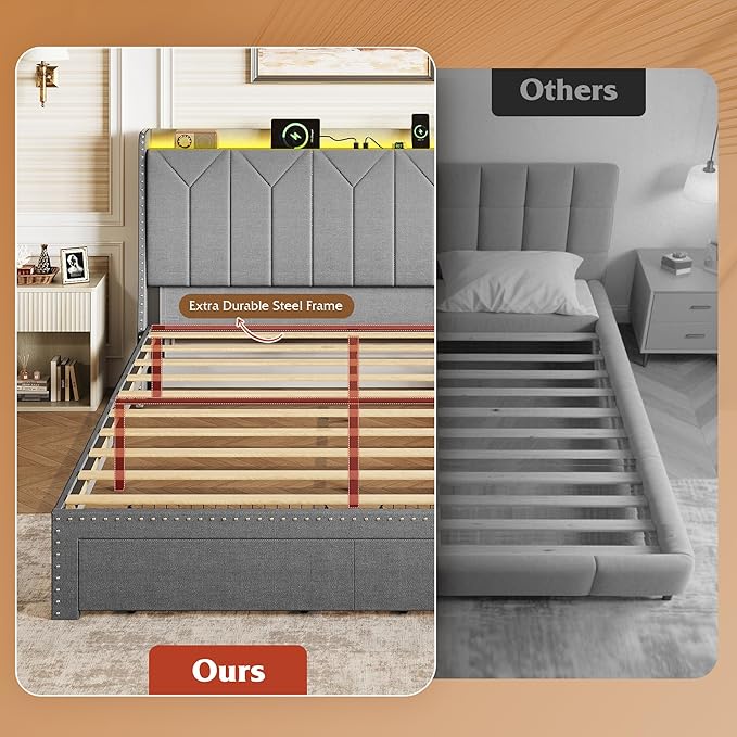 WLIVE Queen Size Upholstered Bed Frame with 2 Drawers, Linen Tufted Storage Headboard with Charging Ports and LED Light, Sturdy Metal & Wooden Slats Support, No Box Spring Needed, Light Grey