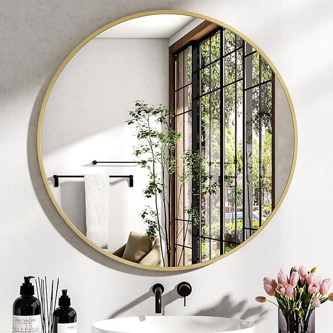 36 Inch Round Mirror - Circle Mirrors for Bathroom, Entryway and Living Room Wall Decor, Modern Hanging Vanity Mirror, Matte Gold Circle Decorative Wall Mirror