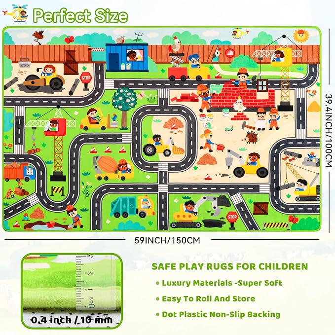 Kids Rug Play Mat for Toy Cars, 59"×39.4" Construction Site Road Traffic for Playroom Kids City Engineering Car Road Play Mat Non-Slip Washable Carpet Toddlers Boys Room Family Playtime
