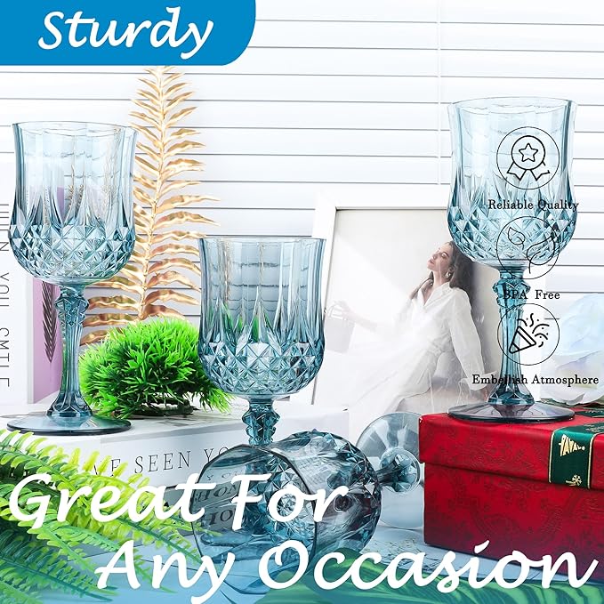 Plastic Wine Glasses，Plastic Goblets Vintage Style Cordial Drinking Glasses for Wedding Reception, Grand Event Party Supplies (48, Dusty Blue)