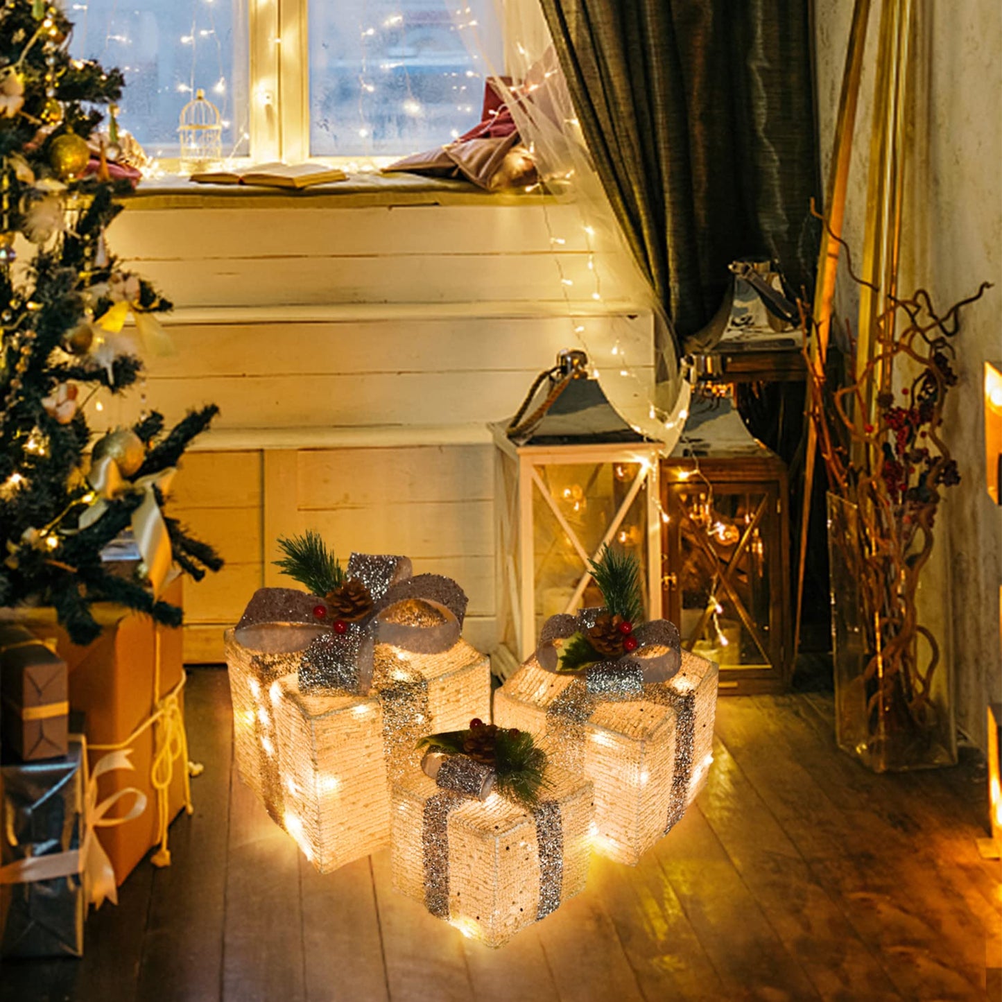 COVFEVER Christmas Lighted Gift Boxes, Pre-lit Lights Gold Linen Cloth Gift Boxes, Light up Present Boxes Set Battery Operated with Different Sizes for Holiday Indoor Outdoor Decorations (Gold Liene)