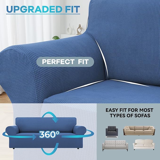 LURKA Stretch Sofa Slipcovers 1 Piece Couch Covers for 3 Cushion Couch Sofa Furniture Protector Full Sofa Covers with Elastic Bottom for Kids and Dog (Large, Blue)