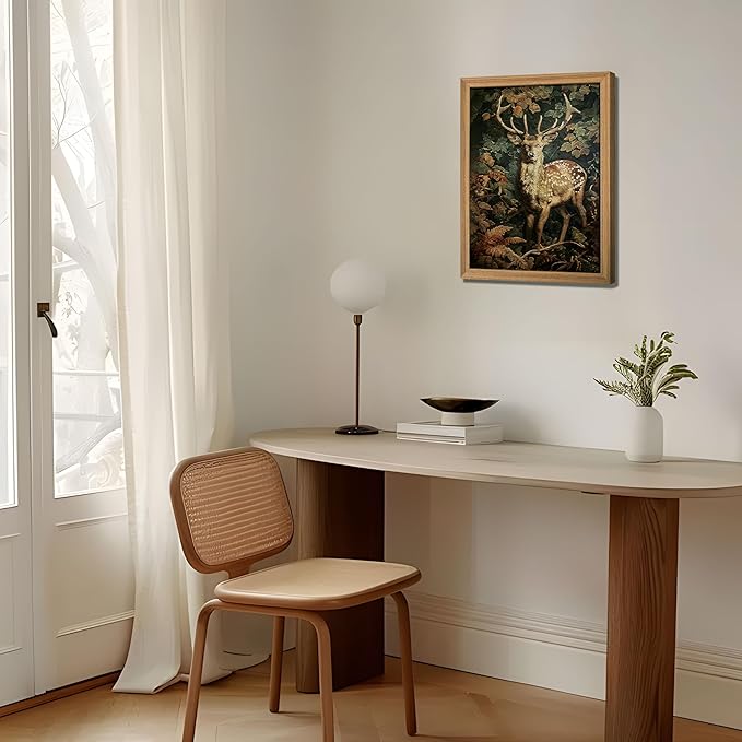 AKWISH Framed 3D Textured Vintage Wall Art - Dark Academia Decor Sika Deer Hand Drawn Sandstone Paintings with Botanical Florals, Aesthetic Wall Decor for Living Room Bedroom Home 12x16 inch