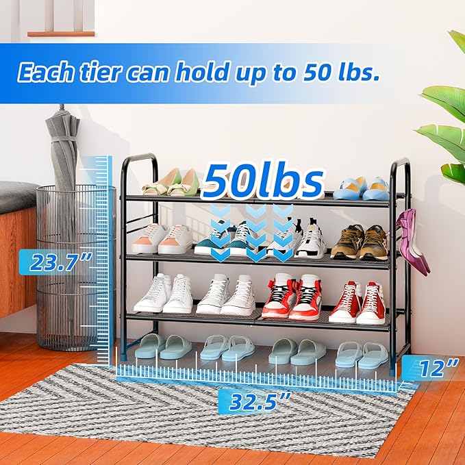 SUFAUY 3-Tier Mesh Shoe Rack, Closet Metal 33" Wide Shoe Rack Organizer Heavy Duty, Black
