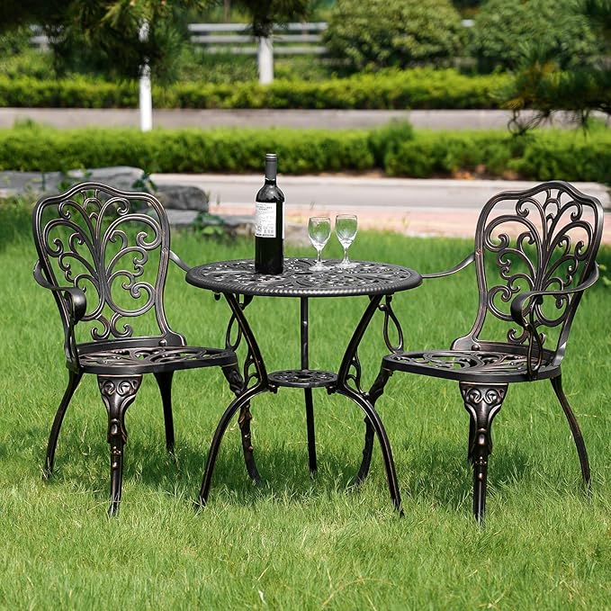 3 Piece Cast Aluminum Bistro Set, Bronze Bistro Table and Chairs Set of 2, 3 Piece Patio Furniture Set with 1.97" Umbrella Hole for Backyard, Balcony, Deck