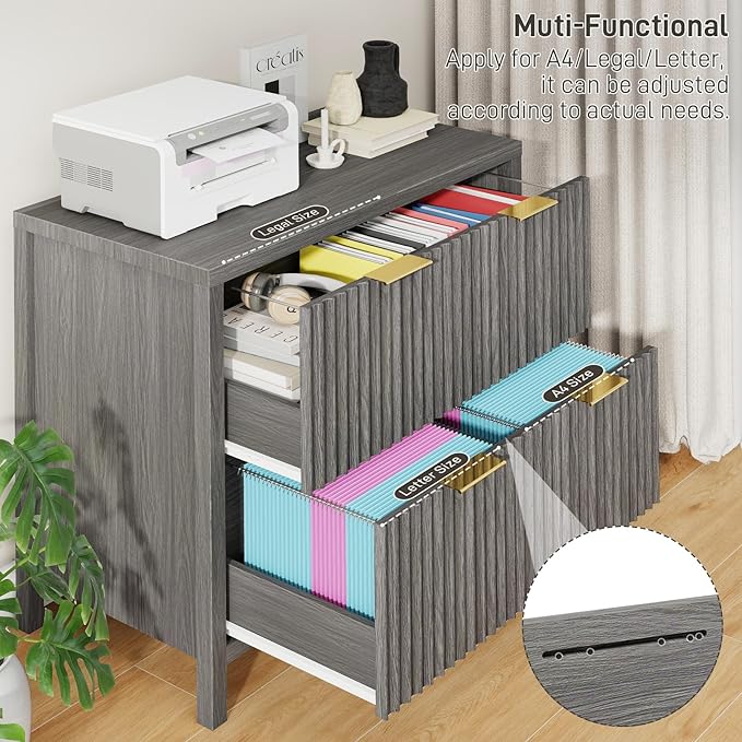2-Drawer Fluted File Cabinet, Lateral Filing Cabinet for Home Office Printer Stand for A4 Letter Legal Size Documents
