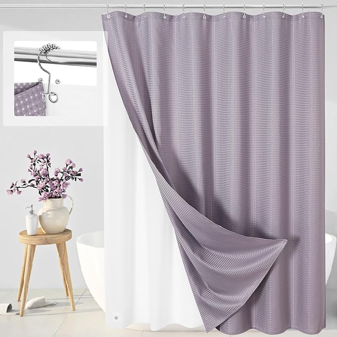3 in 1 Extra Long Purple Shower Curtain Set-72 W x 84 H, Lavender Waffle and PEVA Liner Set with 12 Stainless Steel Hooks, Waterproof Fabric for Bathroom