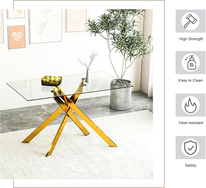 Goujxcy Glass Dining Table Set for 4, Modern Kitchen Table and Chairs Set of 4, 5-Piece Kitchen Dining Room Table Set w/51 Gold Glass Dining Table and 4 Black Velvet Upholstered Chairs