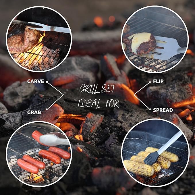 Premium Grill Utensils Set – 9-Piece BBQ Tool Kit with Extra-Long Stainless Steel Spatula, Fork, Tongs, Brush, Hooks & Cloth – Outdoor Grilling Set & Gift for BBQ Lovers